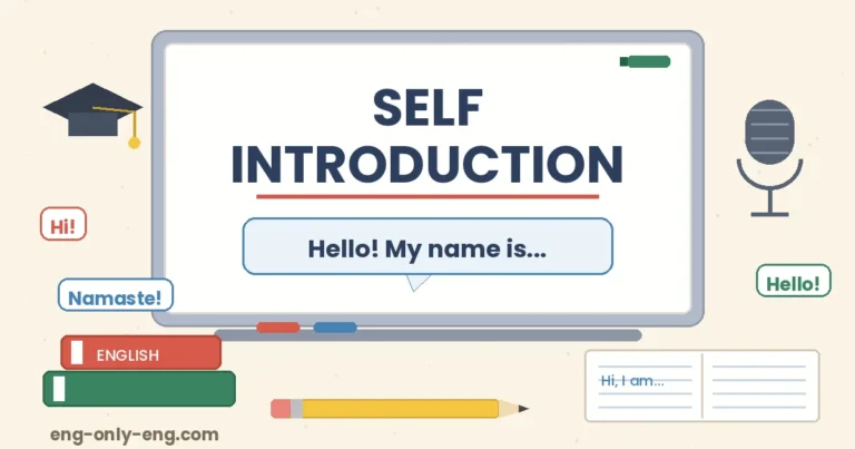 Notebook and microphone illustration with the words self introduction and hello my name is on a board