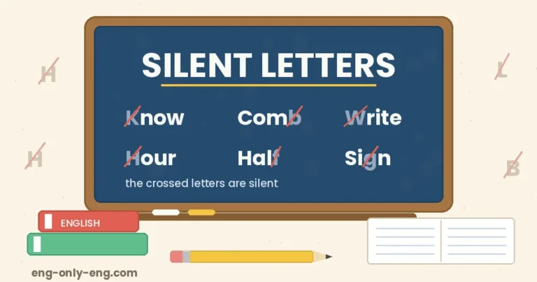 Blackboard showing silent letter words know comb write hour with the silent letters crossed out