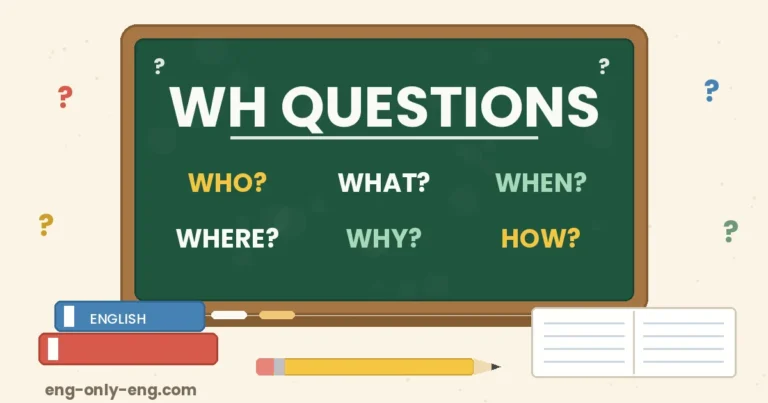 Chalkboard showing WH question words who what when where why and how with a notebook and pencil