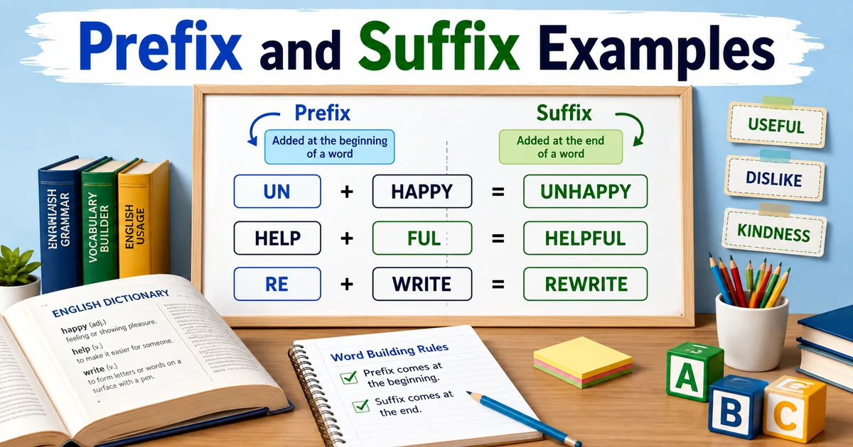 Prefix and suffix examples in English with simple word formation examples