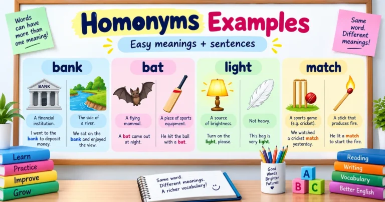 Homonyms examples showing common English words with different meanings