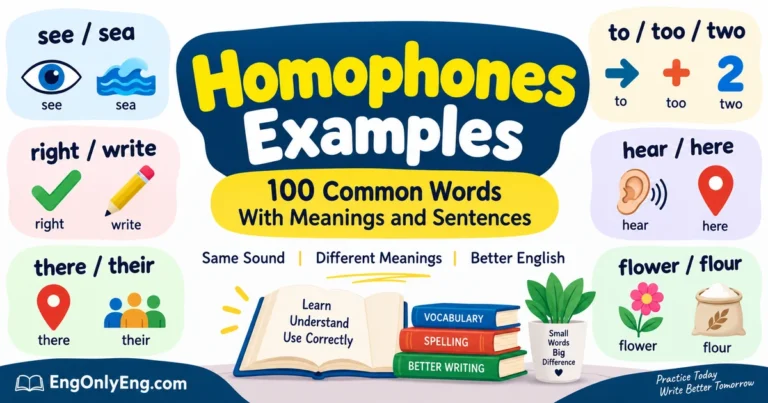 Homophones examples with common word pairs, meanings and sentences