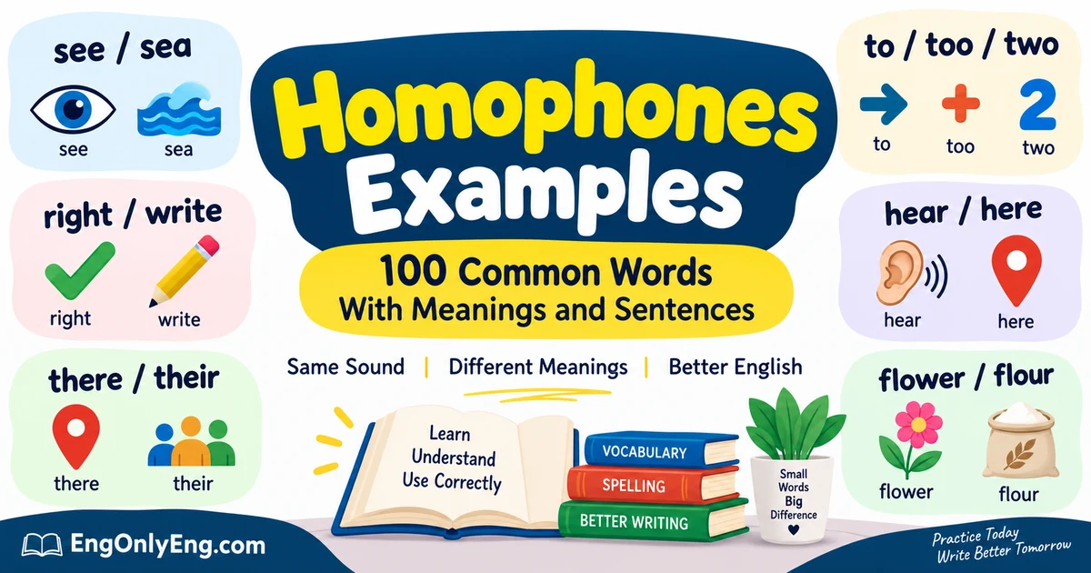 Homophones examples with common word pairs, meanings and sentences